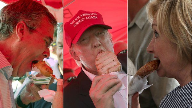 Presidential candidates Jeb Bush, Donald Trump and Hillary Clinton at the Iowa State Fair 2015