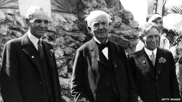 From left: Henry Ford, founder of the huge US motor dynasty, Thomas Alva Edison, a pioneer in the field of the electricity, and Harvey Firestone, founder of a huge US tyre empire