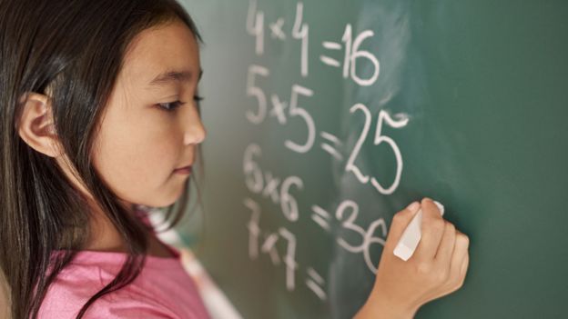 Niña frente a un pizarrón haciendo cuentas