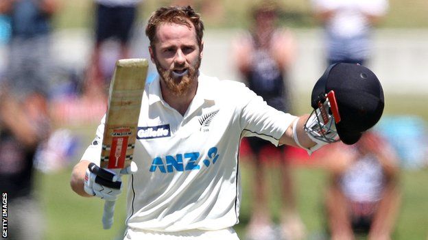 New Zealand captain Kane Williamson celebrates scoring a century against Pakistan
