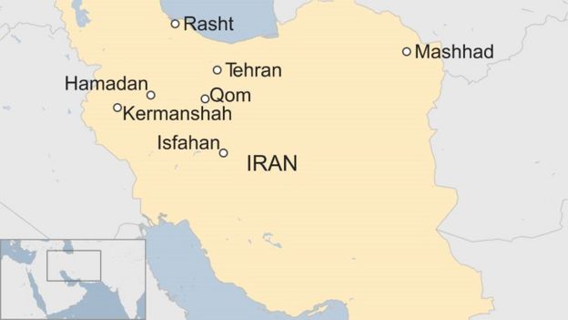 Map showing cities in Iran where protests have occurred