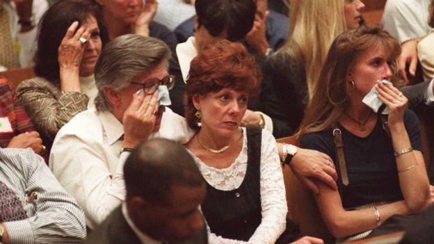 Family members of murder victims Nicole Brown Simpson and Ron Goldman cry in court as prosecutor Marcia Clark describes their murders in the O.J. Simpson murder trial 26 September in Los Angeles.