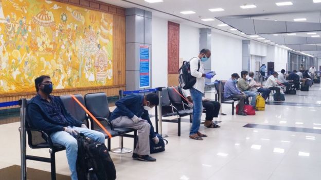 Evacuees from Dubai at the Calicut airport in Kerala