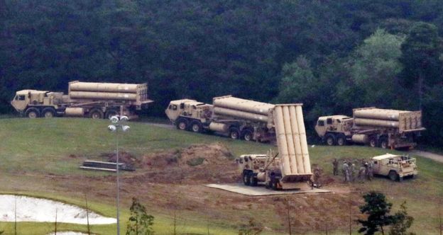 Terminal High Altitude Area Defence (THAAD) interceptors are seen as they arrive at Seongju, South Korea, 7 September 2017.