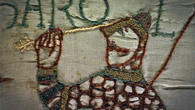 The tapestry shows a soldier being killed by an arrow in his eye, which could be King Harold