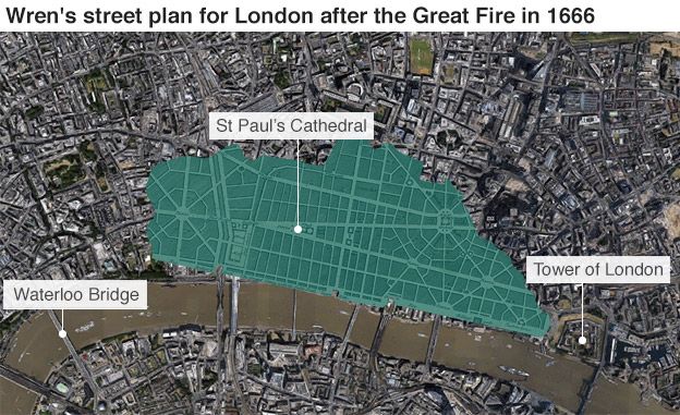 Map showing how Sir Christopher Wren's plans for London after the Great Fire in 1666 would look in present day London