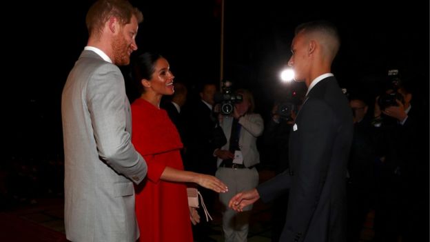 Britain"s Prince Harry and Meghan, Duchess of Sussex, meet Crown Prince Moulay Hassan