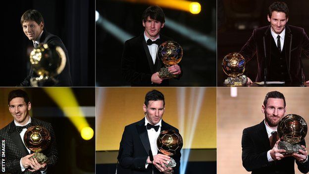 Lionel Messi with his six Ballon d'Or trophies