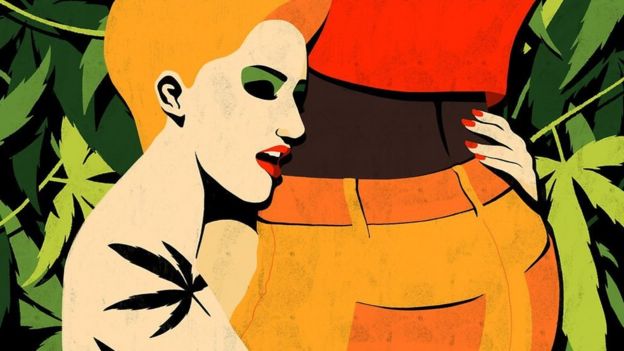 Ilustração de uma mulher abraçando a cintura de um homem – ao fundo, folhas de maconha