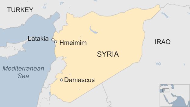 A map showing the Hmeimim airbase near the north-western city of Latakia in Syria