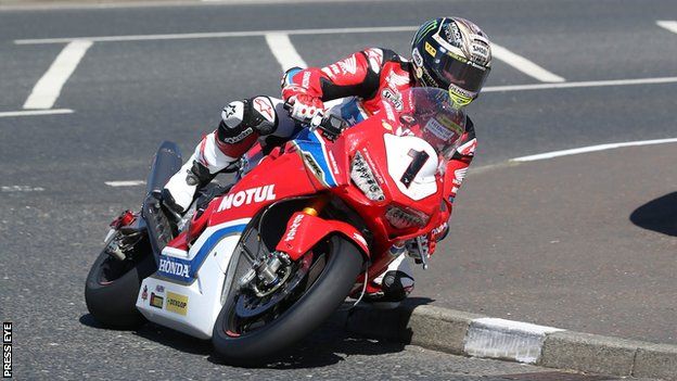 John McGuinness in action on his Honda superbike in Tuesday's practice session at the North West 200