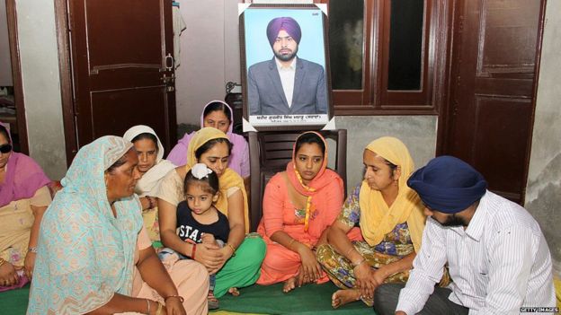 bereaved family members of the deceased Gurjeet Singh (26) who died in police firing during protest at Behbal Kalan on October 20, 2015 in Bathinda,