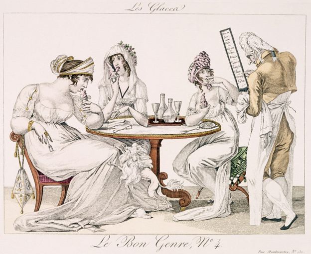 Illustration du XIXe siècle montrant des parisiennes mangeant de la crème glacée dans un glacier.