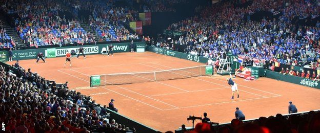 Kyle Edmund plays David Goffin in the Davis Cup final at the Flanders Expo