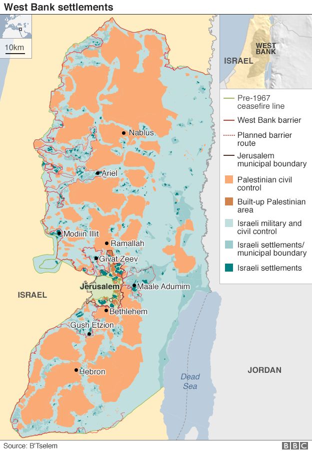 Карта, показывающая Западный берег и еврейские поселения