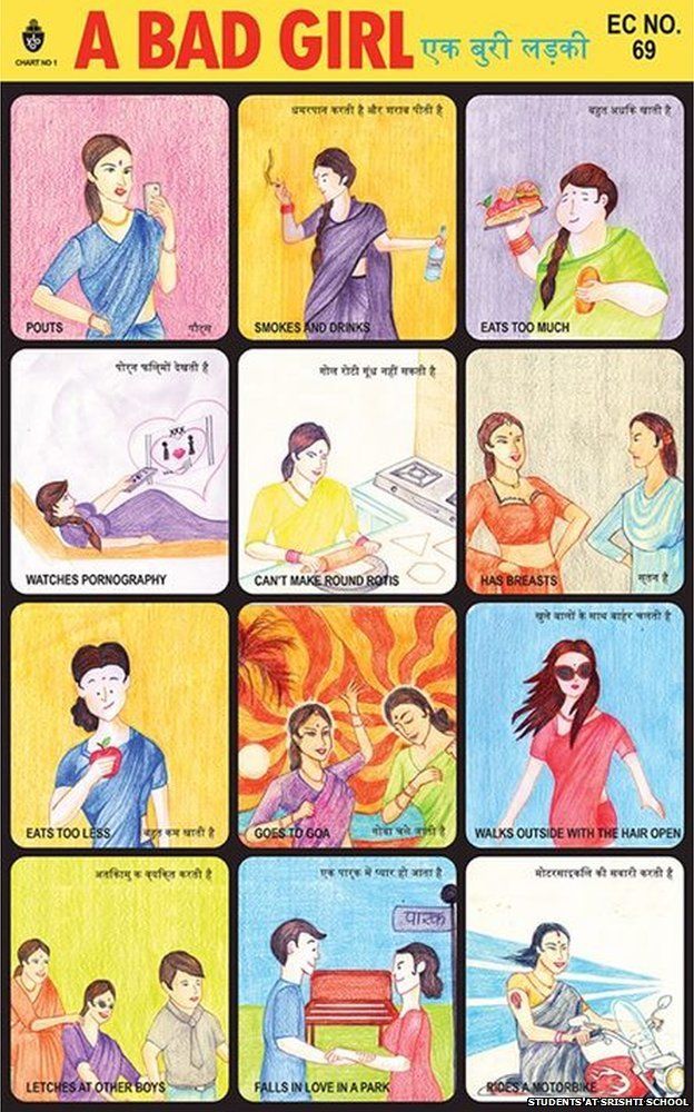 A satirical comic strip depicting what 'bad girls' get up to in India