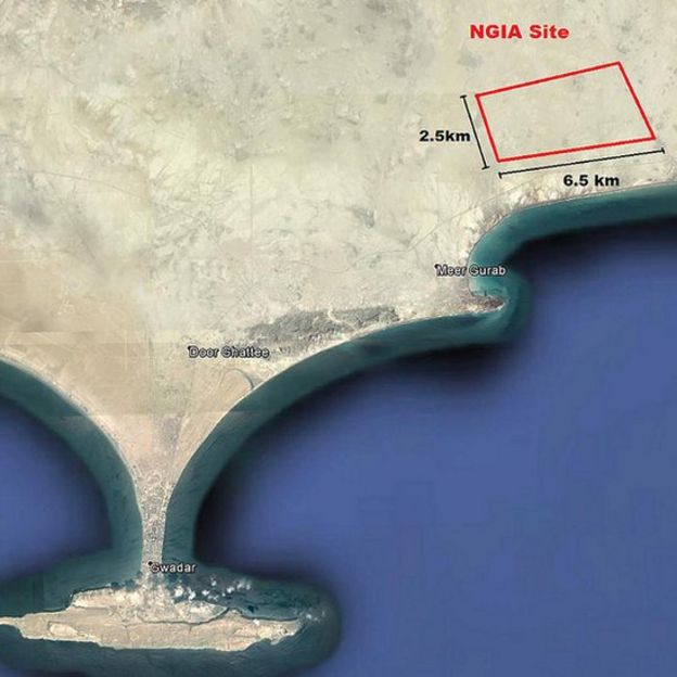 Location of the New Gwadar Airport on the map in the North East of the airport around 26 km from current airport.