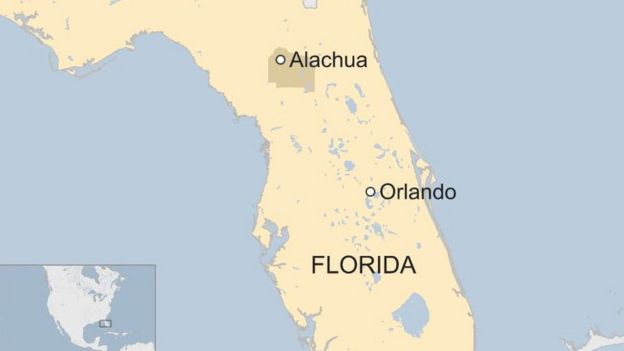 Map shows Alachua county and Orlando on a map of Florida