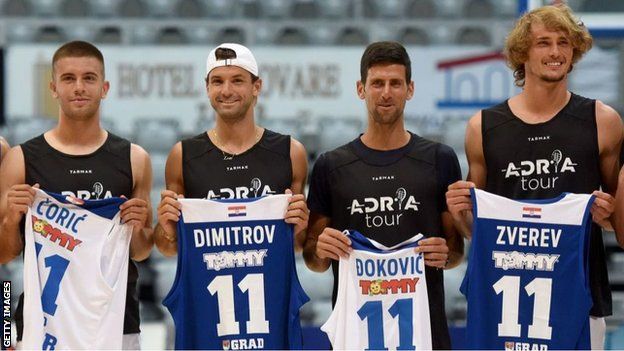 Los tenistas Borna Coric, Grigor Dimitrov, Novak Djokovic y Alexander Zverev (de izda. a dcha.)