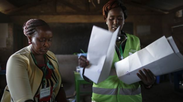 Electoral officials count votes for the presidential poll at a polling station near Isinya, Kajiado County, some 60km south of the capital Nairobi, Kenya, 08 August 2017.