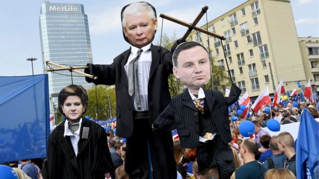 Demonstrators hold cartoons of leader of PiS (Law and Justice) party Jaroslaw Kaczynski (top), Prime minister Beata Szydlo (L) and President Andrzej Duda (R) during the Freedom March in the Polish capital Warsaw on May 6, 2017 organised by Poland's main liberal Civic Platform (PO) opposition party to protest against the rightwing nationalist Law and Justice (PiS) government over alleged rule of law violations.