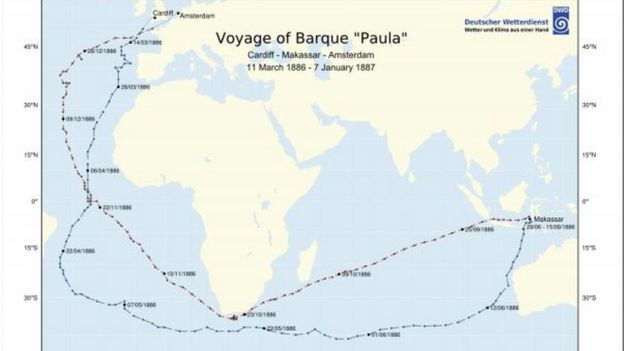 Rute kapal Paula dari Cardiff menuju Makassar, pada 1886.