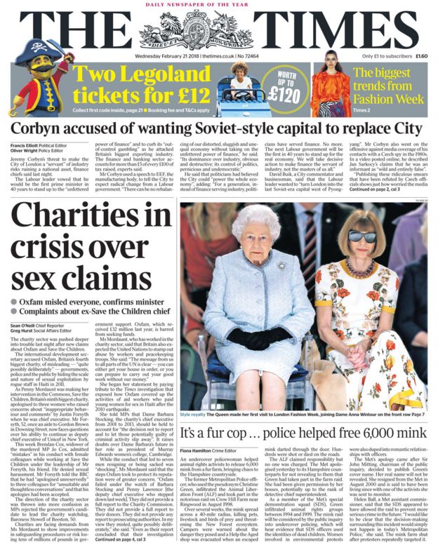 Newspaper Headlines Charity Sex Claims And Queen Of Fashion Bbc News 