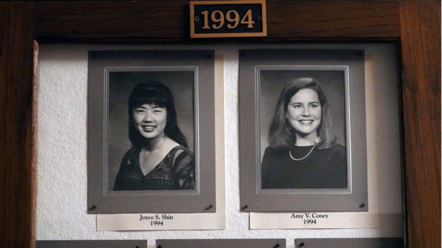 Amy Coney Barrett, a potential Supreme Court nominee, hang in the Hall of Fame of Rhodes College in Memphis, Tennessee,