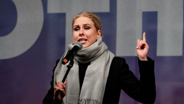 Opposition figure Lyubov Sobol addresses demonstrators in Moscow on 29 September 2019