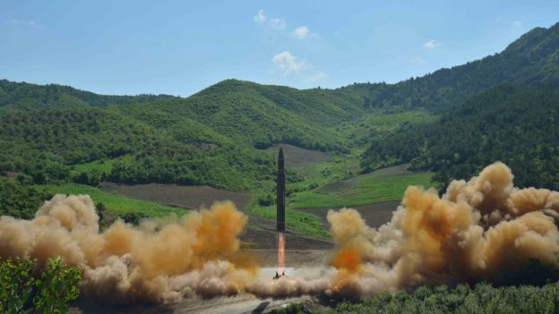 The intercontinental ballistic missile Hwasong-14 is seen during its test launch in this undated photo released by North Korea's Korean Central News Agency (KCNA) in Pyongyang, 4 July 2017