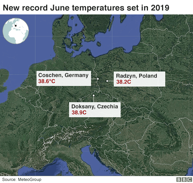 Map shows record temperatures for June across Europe