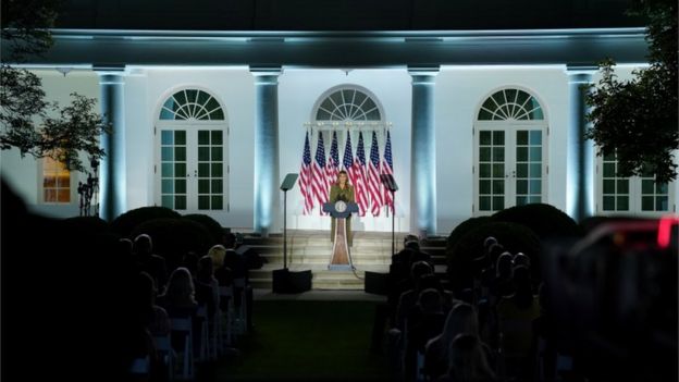 Melania Trump speaks from the White House Rose Garden