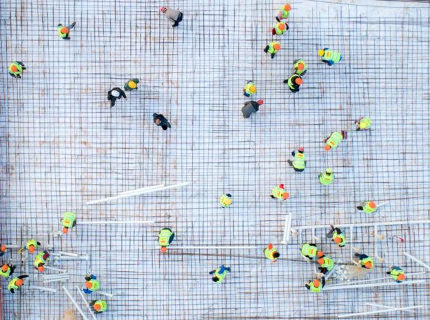 An aerial photo construction at the site of Huoshenshan Hospital