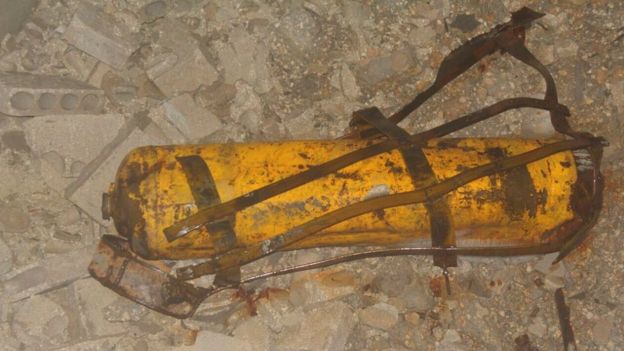 Handout photo provided to Reuters by Human Rights Watch purporting to show remnant of yellow gas cylinder found in Masaken Hanano, Aleppo, after a suspected chlorine attack on 18 November 2016