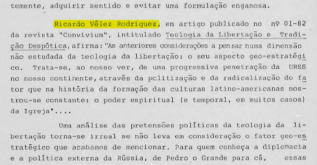 Reprodução de artigo de Vélez Rodríguez em dossie do SNI