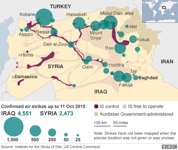 Map showing air strikes against targets in Iraq and Syria