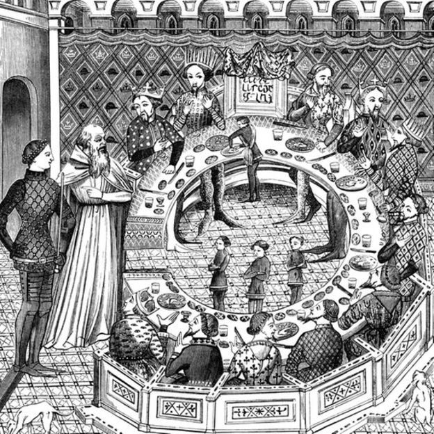 Grabado del rey Arturo y los caballeros de la mesa redonda