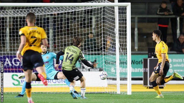Colchester midfielder Noah Chilvers gave Newport keeper Joe Day no chance with a precise finish