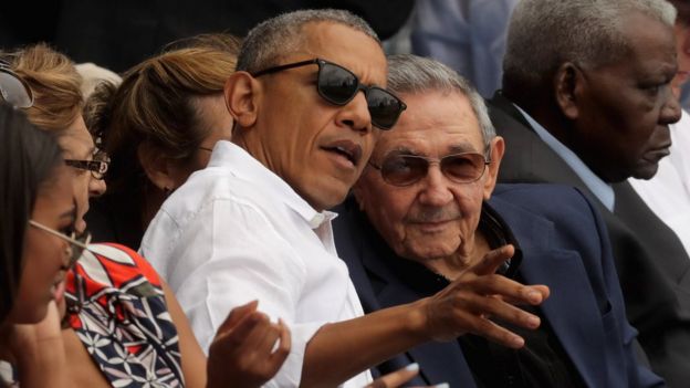 President Barack Obama and Cuban President Raul Castro during an exhibition game March 22, 2016