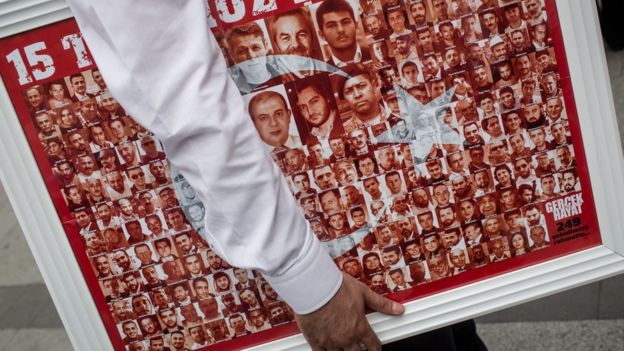 photos making up the Turkish flag, on a poster under someone's arm