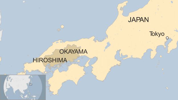 Map showing the location of the Hiroshima and Okayama prefectures in the south west of Japan