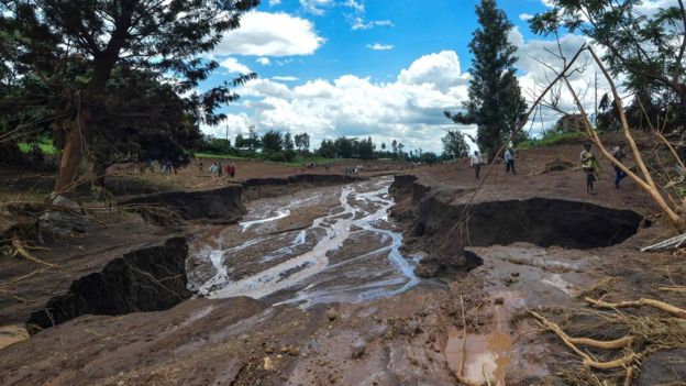 The destroyed area is seen after the bank of the private Patel dam, used for irrigation and fish farming, burst in Solai, about 40km north of Nakuru, Kenya
