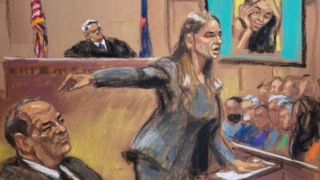 Sketch showing Assistant District Attorney Meghan Hast pointing at Harvey Weinstein during his sexual assault trial