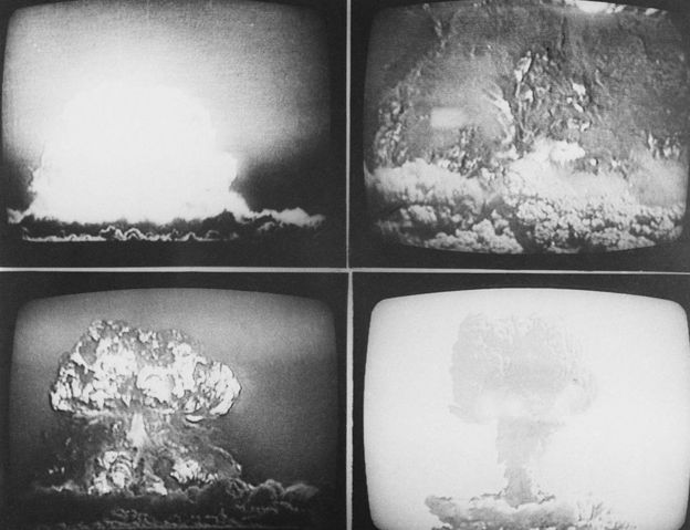 Multiple images of China's third nuclear test on May 9, 1966. TBS, the Tokyo Broadcasting System, televised the three nuclear tests conducted between October 16, 1964, and May 9, 1966. This footage was produced by China's state-run movie company, The Victory of Chairman Mao.