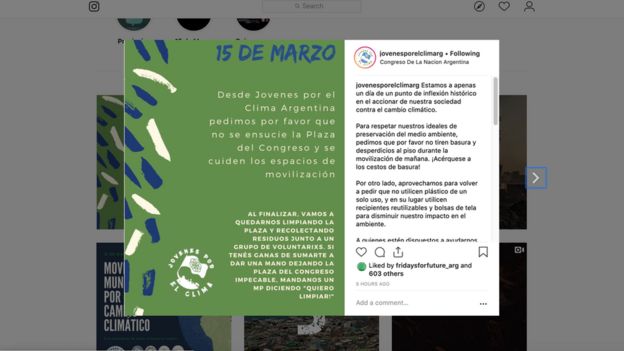 Instagram de La cuenta en Instragram de Jóvenes Por El Clima Argentina, el grupo en el que milita Sofía, tiene un mes y ya fue replicada por varios famosos y tienen 6 mil seguidores.