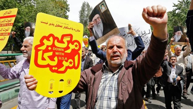 Iranian protesters chant anti-US slogans during a rally in the capital Tehran on 10 May 2019