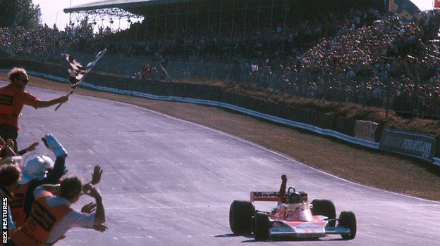 James Hunt crosses the line to win the 1976 British Grand Prix at Brands Hatch