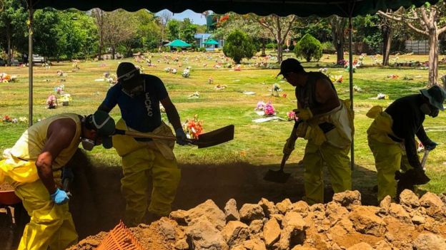Hombres cavan una tumba en un cementerio en Nicaragua.
