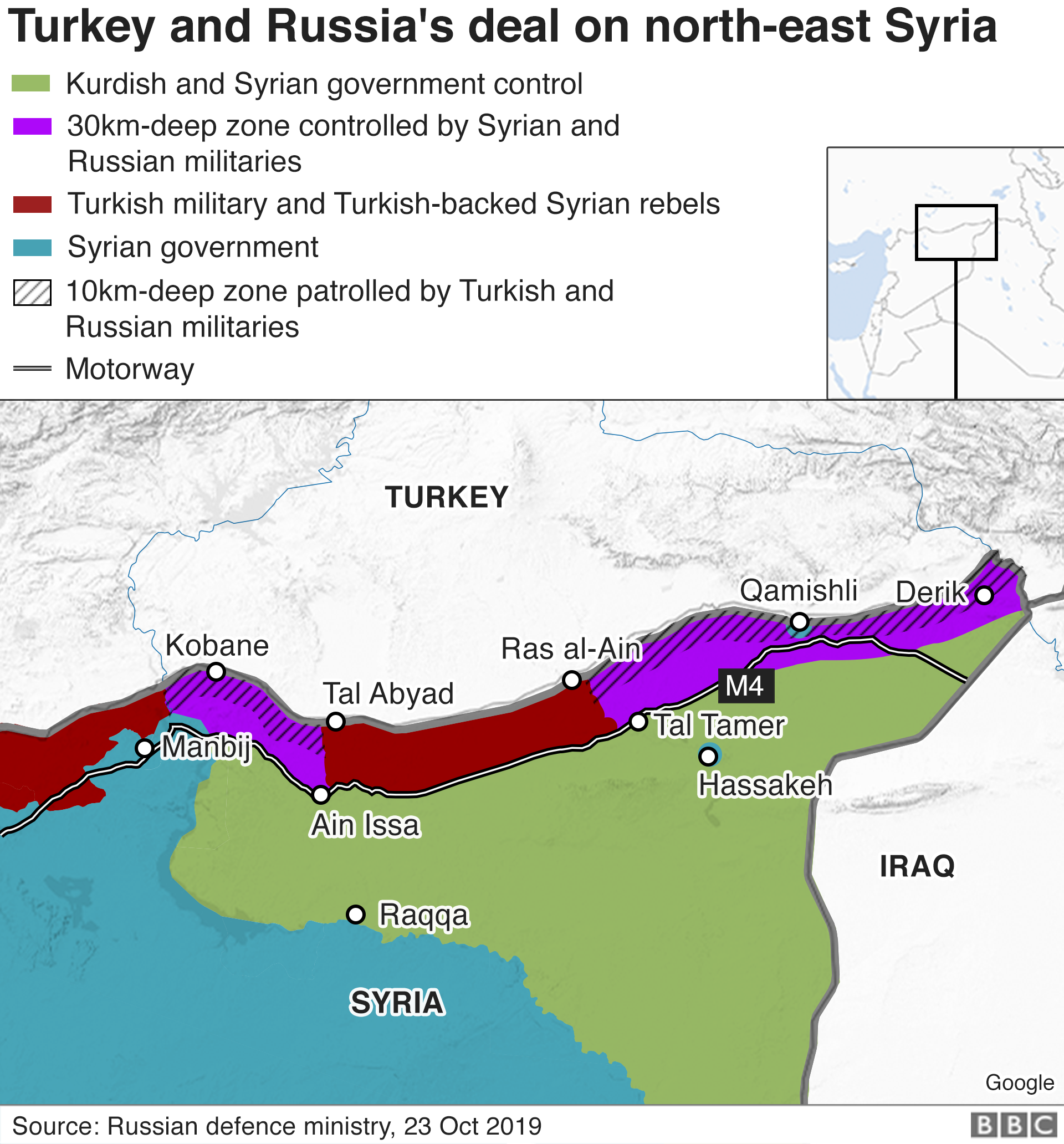 Map showing Turkey and Russia's deal on north-east Syria (23 October 2019)