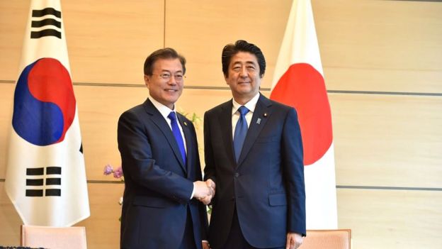 Presidente sulc-oreano Moon Jae-in e o primeiro ministro do Japão Shinzo Abe.